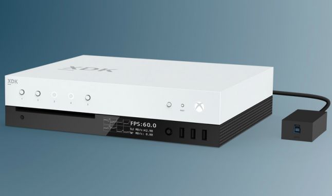 نمایشگر کوچک موجود بر روی کنسول Project Scorpio Dev Kit که می‌تواند مشخصات عملکرد بازی و کنسول را درلحظه نمایش دهد